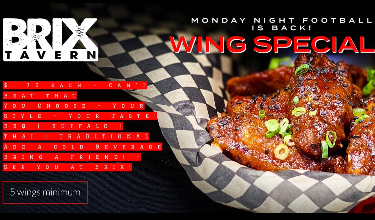 We’ve got all the wings you could dream of for game-day! 🍗🍗🍗 Come watch #MondayNightFootball at BRIX Tavern tonight and enjoy our wing special. 🙌🏈