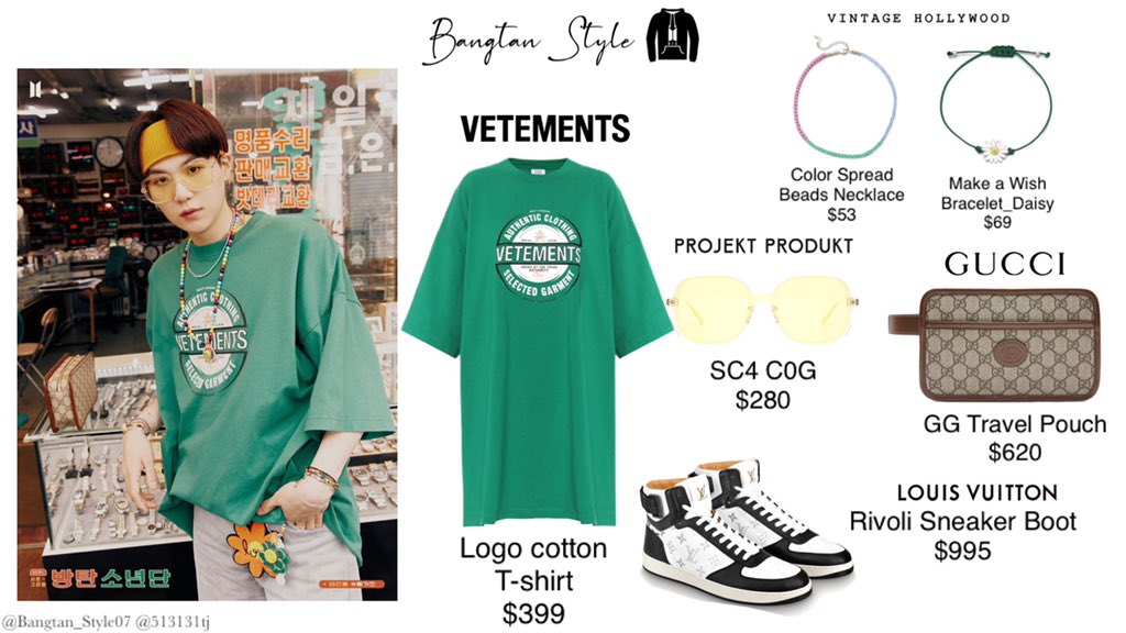 Bangtan Style⁷ (slow) on X: BTS 2021 SEASON'S GREETINGS Min Yoongi wears  VETEMENTS Tshirt, LOUIS VUITTON Sneakers, PROJECT PRODUKT glasses, VINTAGE  HOLLYWOOD Bracelets & GUCCI Travel Pouch as an accessory. #SUGA @BTS_twt