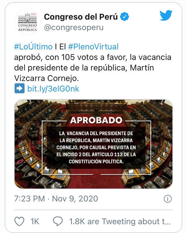 braddyjuli's tweet photo. La #VacanciaPresidencial por incapacidad moral, sustentada en presunciones, abre una peligrosa posibilidad de coacción del #Congreso hacia los futuros presidentes del #Peru.
El Art.117 de la Constitución señala las acusaciones posibles al Presidente. @congresoperu https://t.co/JFpeiMg3PY
