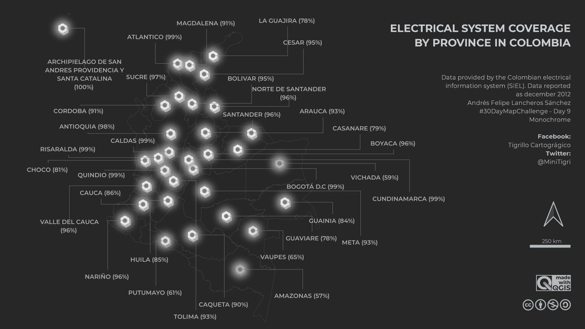 MiniTigri's tweet photo. (Eng/Esp) #30DayMapChallenge Day 9 - Monochrome. Colombian electrical system coverage. #Qgis #Colombia https://t.co/nVvHNQwyGv