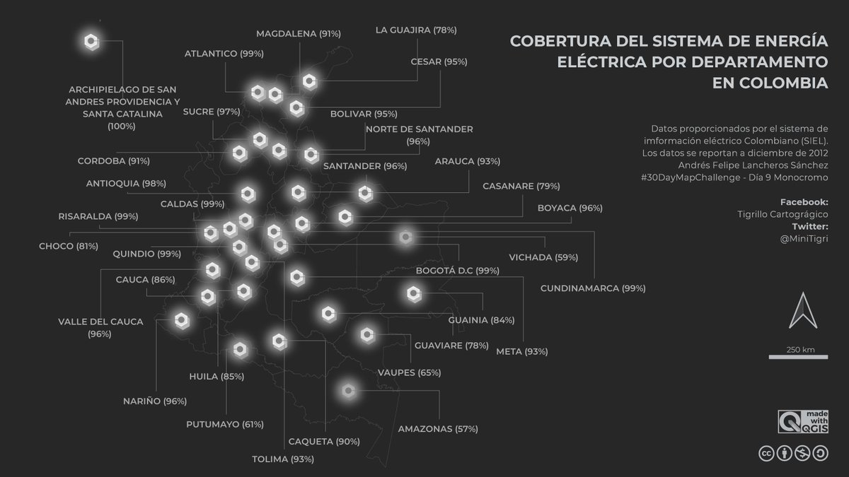 MiniTigri's tweet photo. (Eng/Esp) #30DayMapChallenge Day 9 - Monochrome. Colombian electrical system coverage. #Qgis #Colombia https://t.co/nVvHNQwyGv
