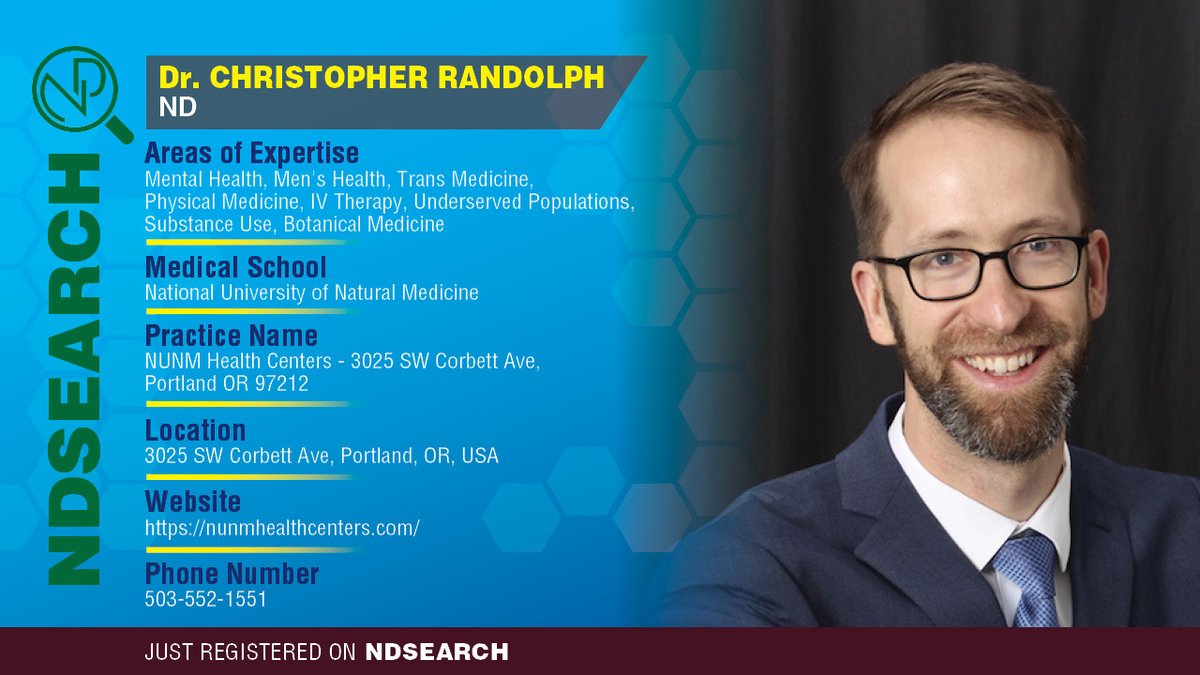 NDsearch's tweet photo. NDsearch is thrilled to welcome Dr. Christopher Randolph! Patients in #Portland , #Oregon can be seen for #primarycare , #Mentalhealth , #Menshealth , #underservedpopulations #transmedicine, #physicalmedicine, and #IVtherapy.
#NDsearch #naturopathicmedicine @NUNM_EDU https://t.co/dM7Hk0y2jR