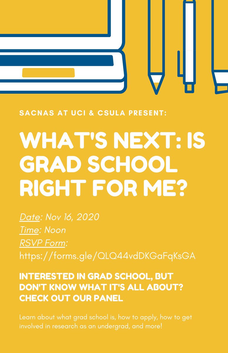 Please join us for a graduate school Q&amp;A with graduate students from UCI. <a href="/SacnasUCI/">SACNAS at UCI</a> 
RSVP at, 
forms.gle/QLQ44vdDKGaFqK…