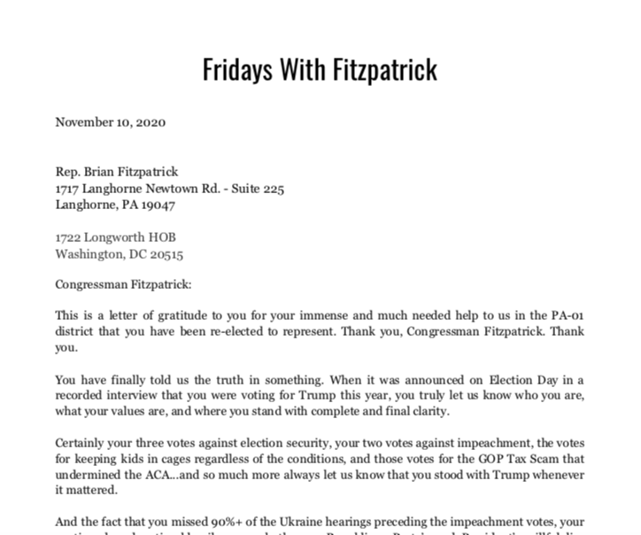 FridaysWithFitz's tweet photo. #ThankYouBrianFitzpatrick.
We are so grateful to you for giving us the clearest proof that #FitzpatrickChoseTrump over #PA01.
We hope you read our letter and hope you now come clean and tell us all why you voted for Trump.
#Election2020 #FitzpatrickProblem #FraudFitzpatrick https://t.co/nxX6Jxwx5I