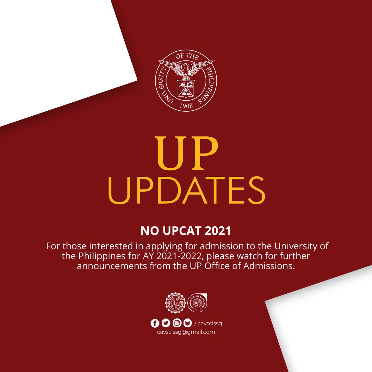 cavscissg's tweet photo. ❗️JUST IN❗️

According to the recent post of the University of the Philippines, there will be NO UPCAT 2021. The University Councils across the UP System unanimously decided not to hold the UPCAT for admission of students in AY 2021-22.

#CETUpdates
#UPCAT
#CavSciSSG https://t.co/zJeZNiRKKD