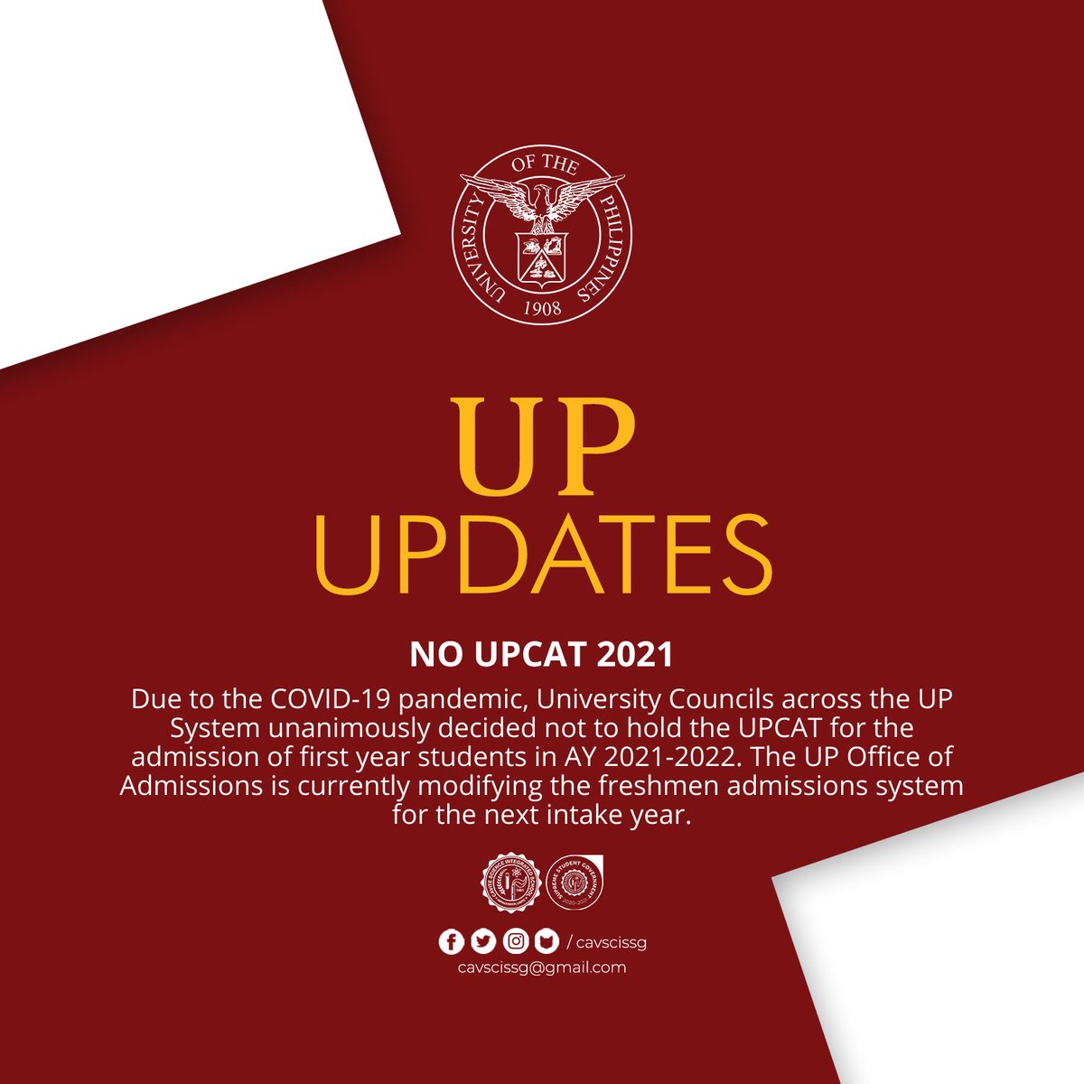 cavscissg's tweet photo. ❗️JUST IN❗️

According to the recent post of the University of the Philippines, there will be NO UPCAT 2021. The University Councils across the UP System unanimously decided not to hold the UPCAT for admission of students in AY 2021-22.

#CETUpdates
#UPCAT
#CavSciSSG https://t.co/zJeZNiRKKD