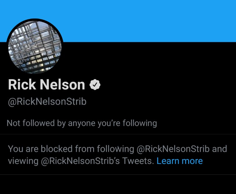 Weird fact about Rick Nelson is that I don't think I ever followed him or initiated a conversation with him yet I'm blocked. Am I the bad guy? I only ever remember him quote tweeting me a few times to get his followers to tell him how ugly some new building was.