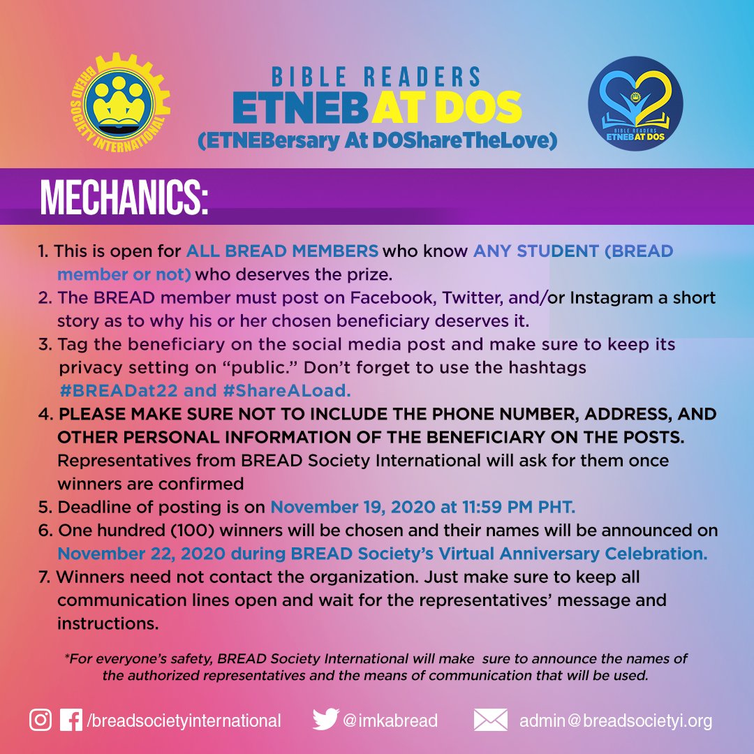 mcgibread's tweet image. Here&apos;s your chance to share and show your love for a friend in need!

For our 22nd year anniversary, we&apos;ll be choosing 100 DESERVING STUDENTS to win 100 pesos worth of load to aid for their online classes necessities.

See the mechanics below to know more.

#BREADat22
#ShareALoad