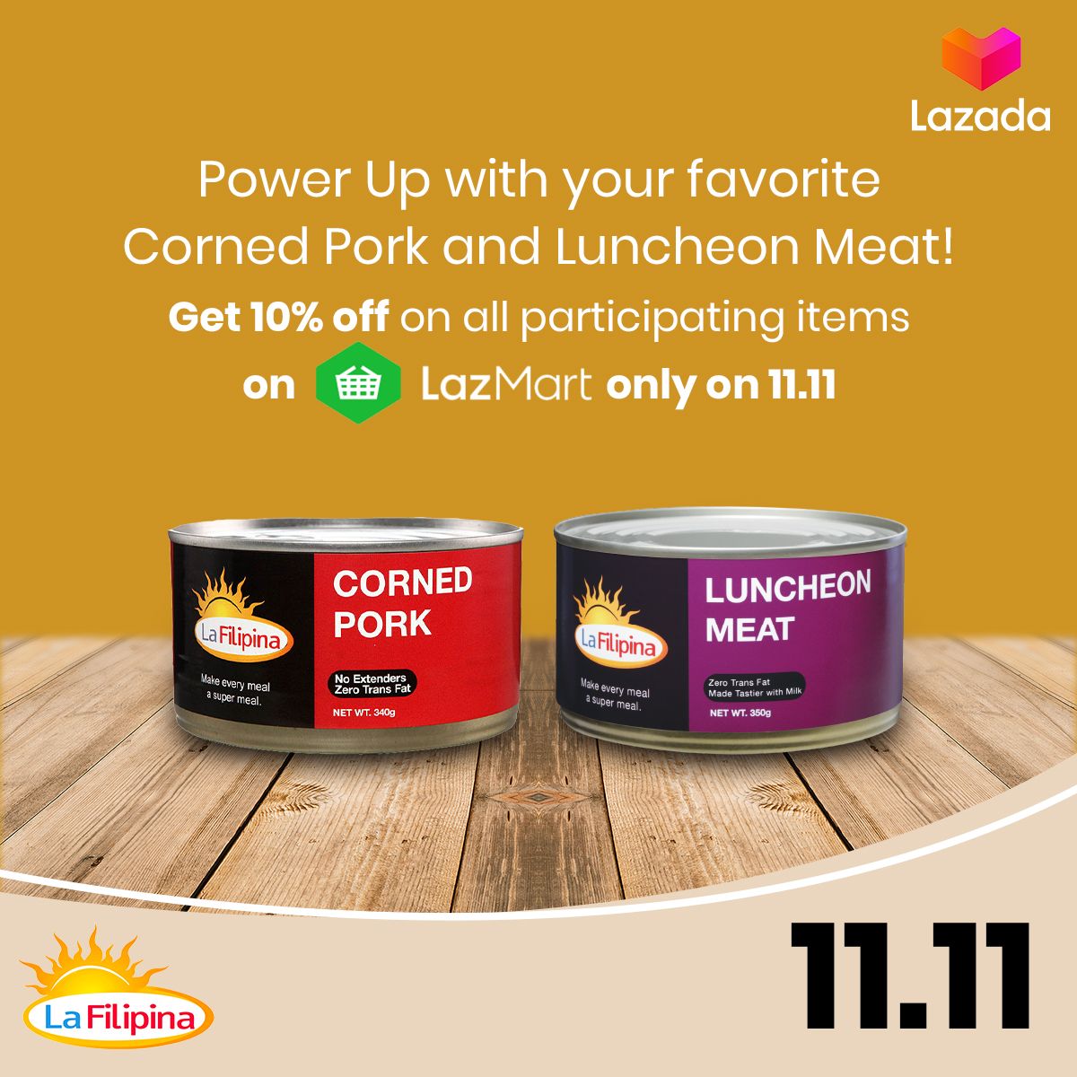 LaFilipinaPH's tweet photo. Stock up your pantry with your favorite La Filipina canned meat, and enjoy 10% off on our Luncheon Meat and Corned Pork products exclusively on LazMart!
Check out this 11.11 at https://t.co/NtEMGc2bxp, and don’t miss out on this special offer for today only! #LaFilipina https://t.co/rlfYDV3dOW