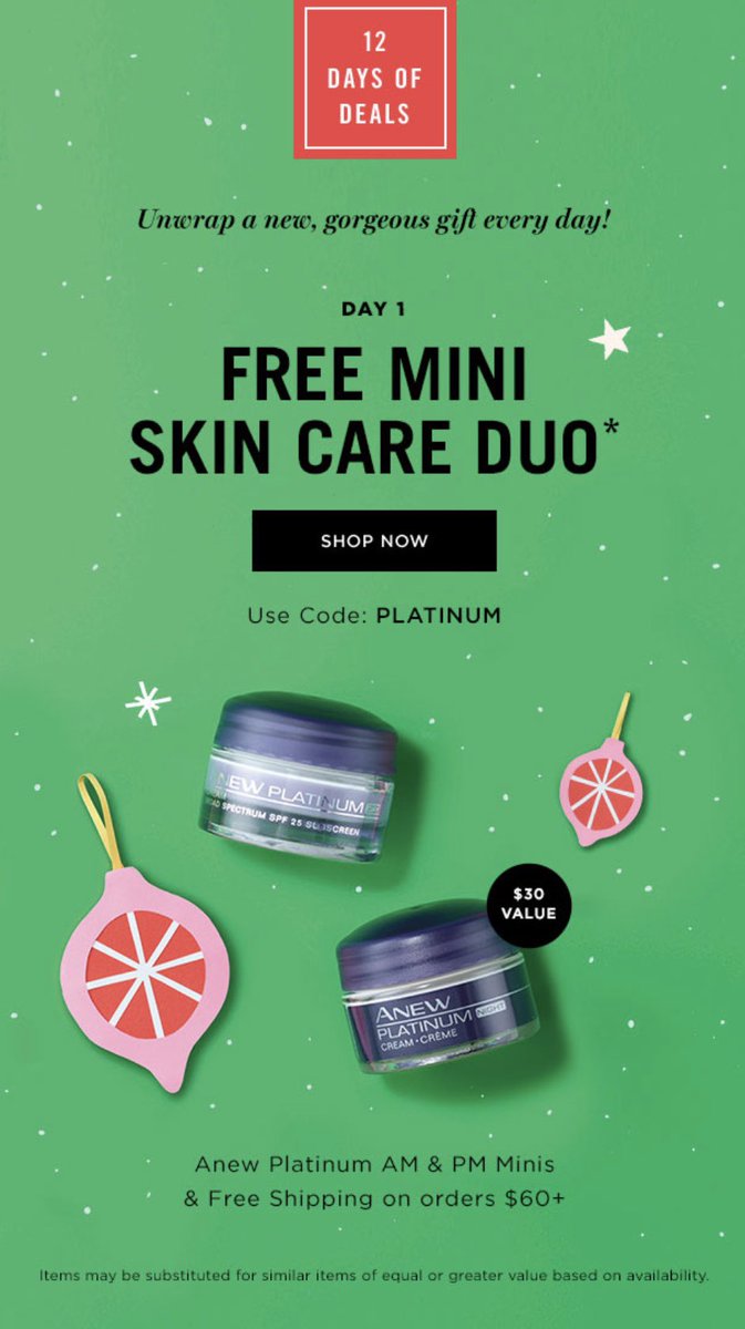 3ofhrts96's tweet photo. Avon’s 12 Days of Deals - Day 1

Get a FREE Mini Skin Care Duo and FREE Shipping when you spend $60+ in my online store. Use code PLATINUM @ checkout. Shop: https://t.co/BaI3RT29Eg #AnewSkincare #ANEWYOU #anew #AvonRep #avon #skincare #beauty #deals #dealoftheday #beautylover https://t.co/gKztwQmj7n