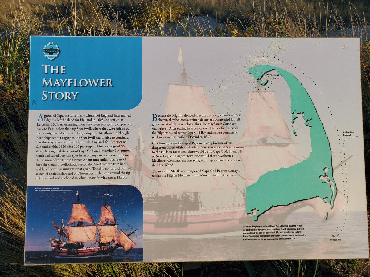 OpenChatham's tweet photo. Exactly 400 years ago (today), the Mayflower sighted Cape Cod and, from this spot, you'd have seen it sailing by, on its way to (now) Provincetown, where my ancestor, Stephen Hopkins, along with 40 others signed The Mayflower Compact .. the start of democracy in America! https://t.co/0QQV7eGNTh