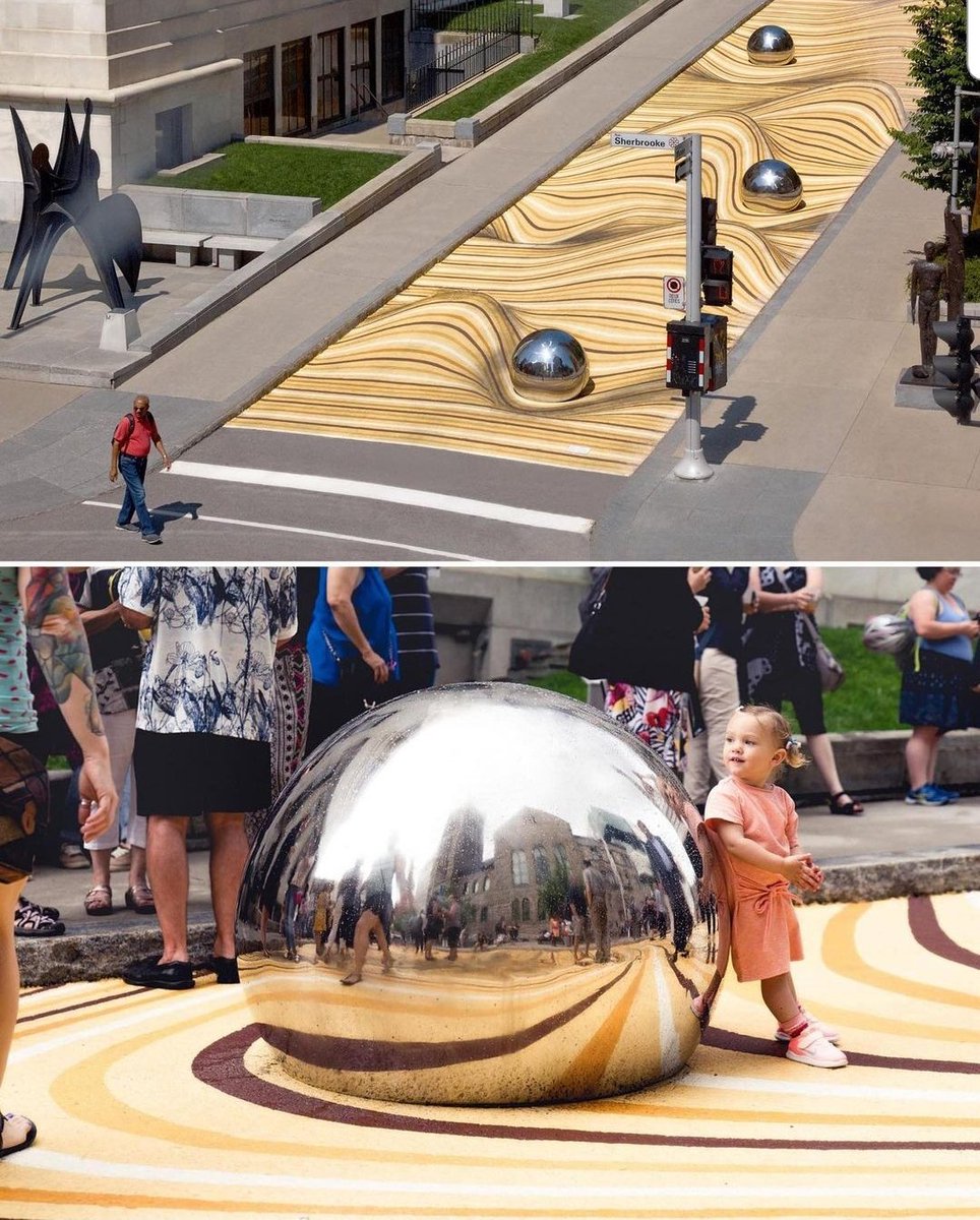 Blasterkid's tweet photo. This is an optical illusion by NÓS for the Montreal Museum of Fine Arts.  Outdoor exhibition.  Pretty cool #opticalillusion #exhibition #montrealmuseum https://t.co/sL4yE5dsOz