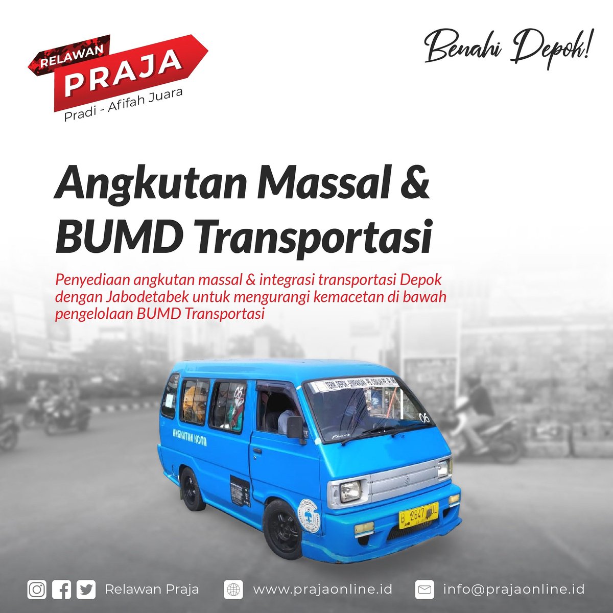 RelawanPraja's tweet photo. Macet? Dan transportasi di Depok masih gitu-gitu aja?

Saatnya #BenahiDepok
#11ProgramUnggulan https://t.co/YBePtEJoqg