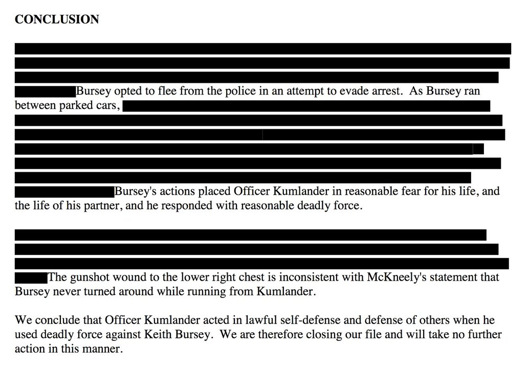 The official ruling on Bursey's killing is heavily redacted.