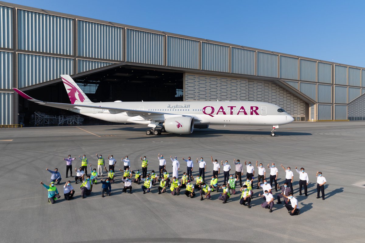 qatarairways's tweet photo. #QatarAirways has become the first airline in the world to carry out its own in-house C2 maintenance check on an Airbus A350, after welcoming aircraft A7-ALA - the first A350 to join the airline's fleet - to its state-of-the-art Technical Hangar recently. https://t.co/xyxGZEo2JJ