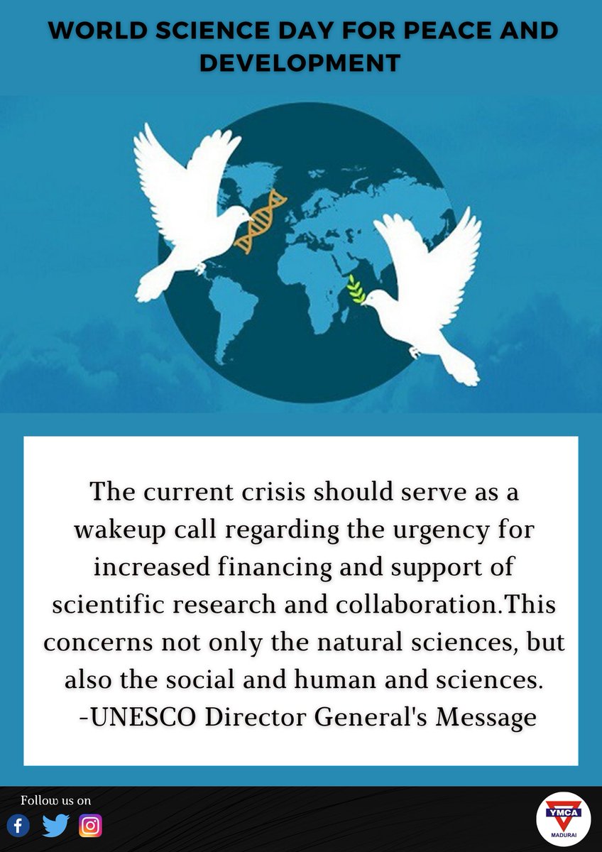 YmcaMadurai's tweet photo. Did you know?
#WorldScienceDayForPeaceAndDevelopment is celebrated Nov 10 on every year, in order to highlight the important role of science in society.
Let us spread #awareness among the people about the #roleofscience for #peaceful & #sustainablesocieties. https://t.co/vTZRW0jaaU