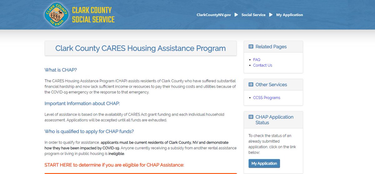 ClarkCountyNV's tweet photo. Need financial assistance due to #COVID19? The #ClarkCounty #CARESAct Housing Assistance Program (CHAP) can help pay overdue housing and utility costs incurred as of March 1. Apply at https://t.co/uaRDOXd24n.

#Vegas #Coronavirus https://t.co/NspQ3pns5L