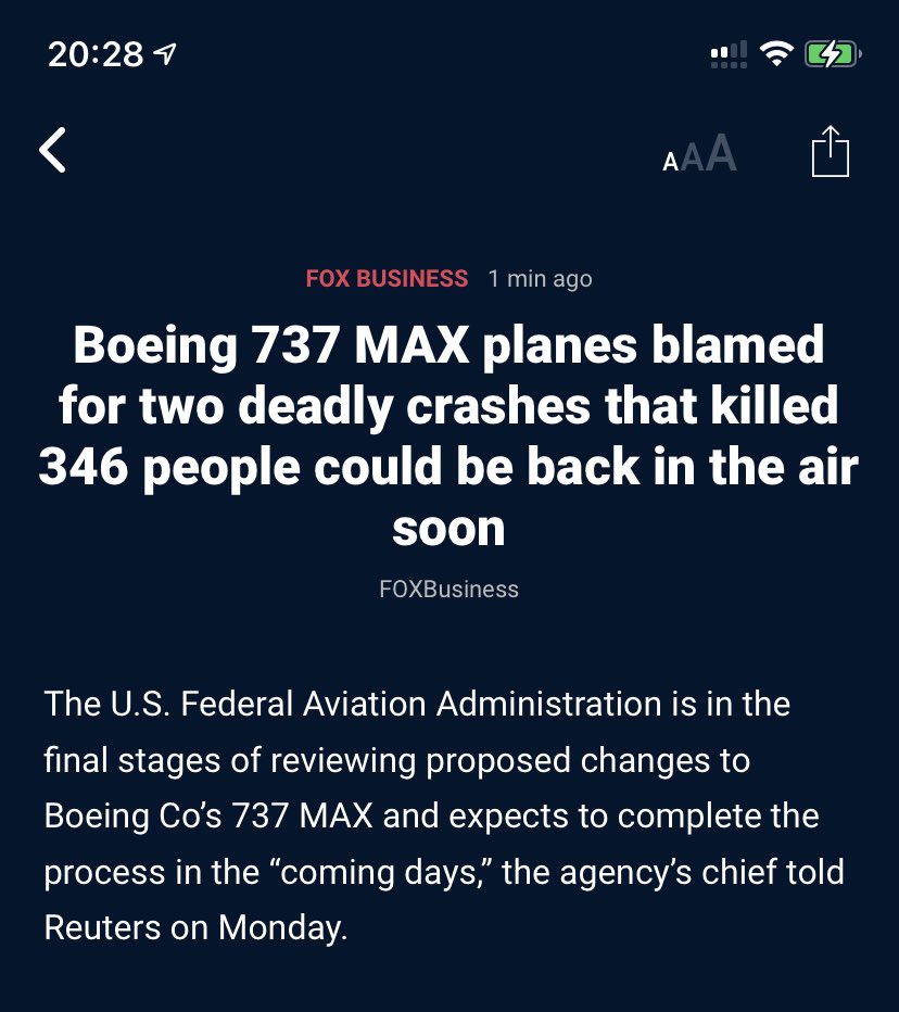 franklinfwml5's tweet photo. The U.S. Federal Aviation Administration is in the final stages of reviewing proposed changes to Boeing Co’s 737 MAX and expects to complete the process in the “coming days,” the agency’s chief told Reuters on Monday. https://t.co/2noYCJbf7t