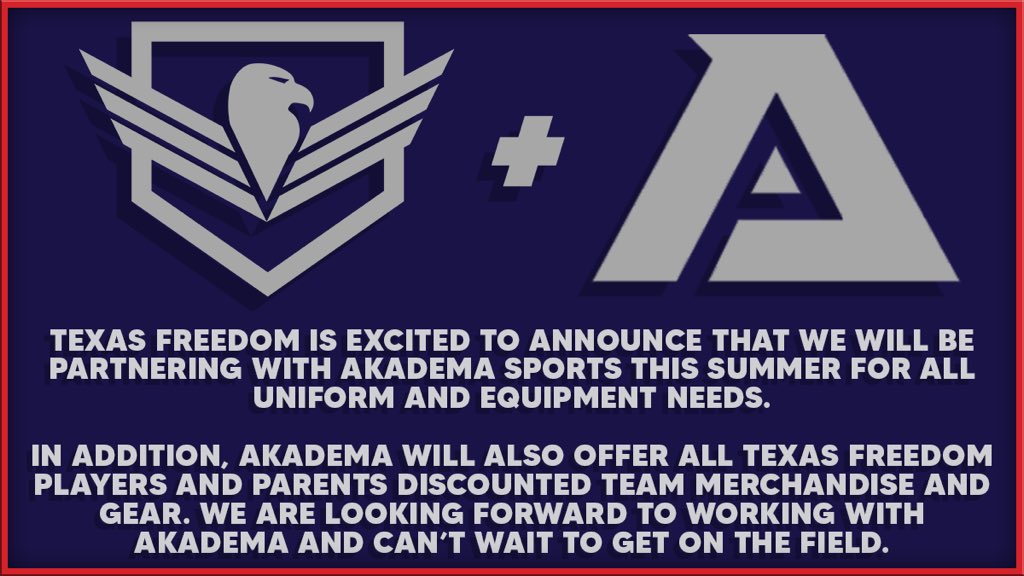 TXFREEDOM643's tweet photo. We are excited to announce our partnership with @Akadema! Not only will our players &amp; coaches be outfitted in some of the nicest gear in the county, but our players and parents will also have access to an assortment of other equipment and merchandise!

#LeaveALegacy #TxFreedom https://t.co/RIkColCMjp
