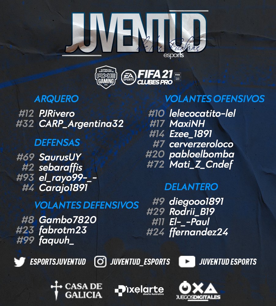 EsportsJuventud's tweet photo. | PLANTEL

A continuación les presentamos a los jugadores habilitados para disputar la primer temporada de FIFA 21

A dejar todo por esta camiseta chicos 💪🔵⚪ https://t.co/a25cB53EpM