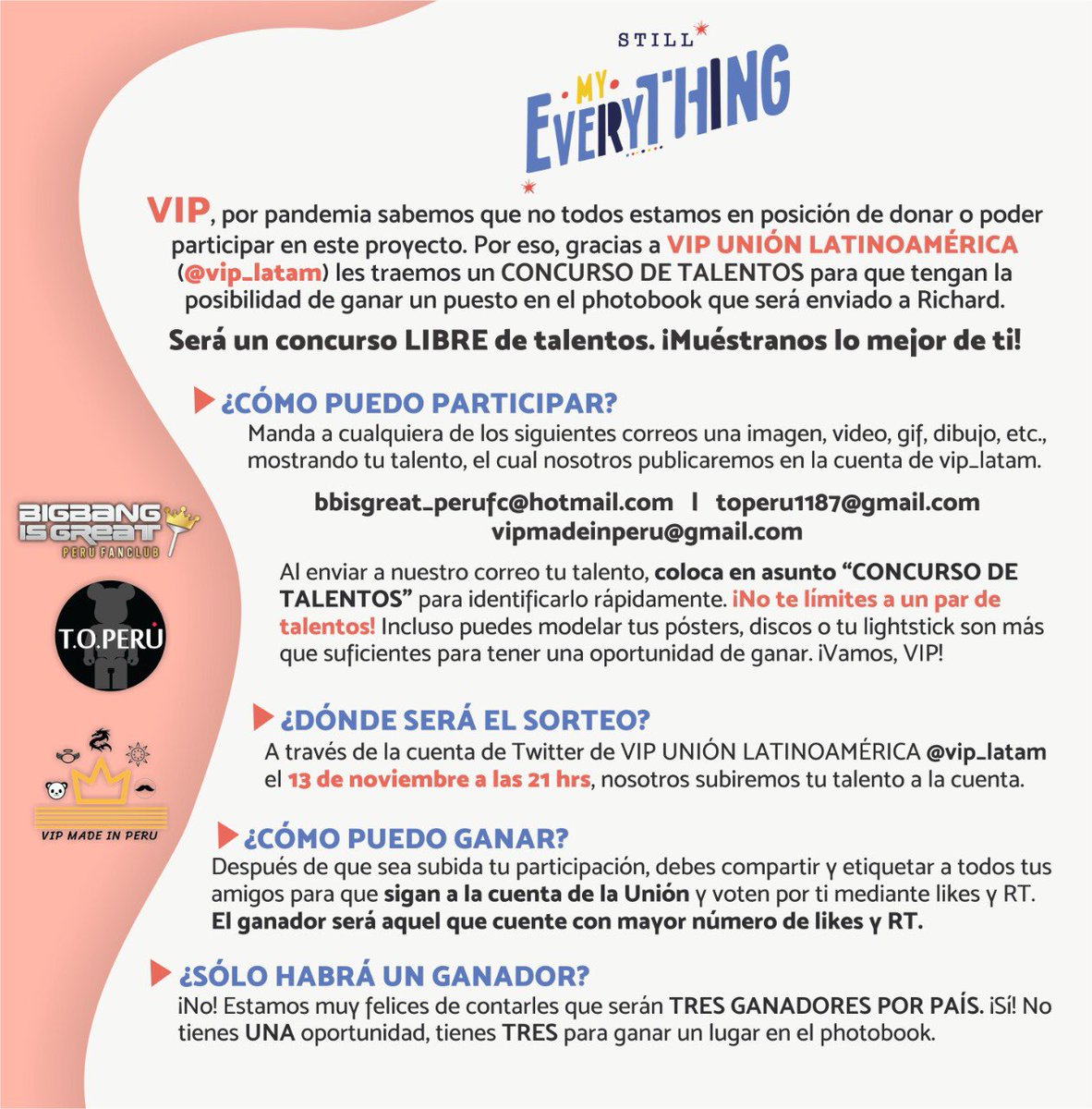 vip_latam's tweet photo. ⚠️VIPs de Perú⚠️
Los invitamos a unirse este 13 de Noviembre a las 9 pm(hora Perú) a la actividad que se realizará en @vip_latam para elegir a los 3 ganadores que conseguirán gratis un espacio en el photobook que enviaremos a nuestro Panda
@BBisgreatPeru @TOP_Peru @vip_made_peru https://t.co/7a5zKL5Vwg