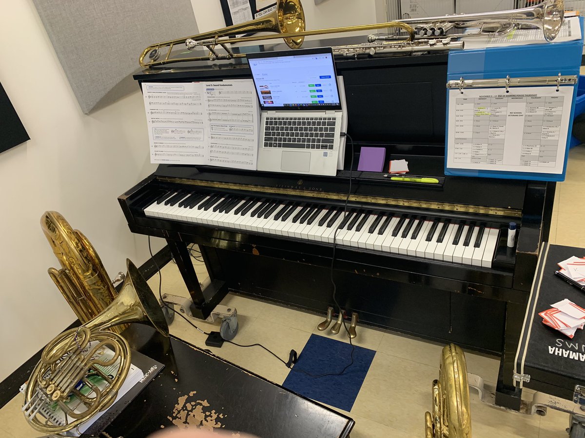 MsBecker5's tweet photo. Hereโs my #setup for remote band and remote #bandlessons ๐ฅ๐ท๐บCan you spot the instruments Iโm missing from the collection today? #SoundInnovations #edtech #musiced #banddirector #makingitwork @OfficialNYSSMA @WaterlooTribe https://t.co/kslWicokhD