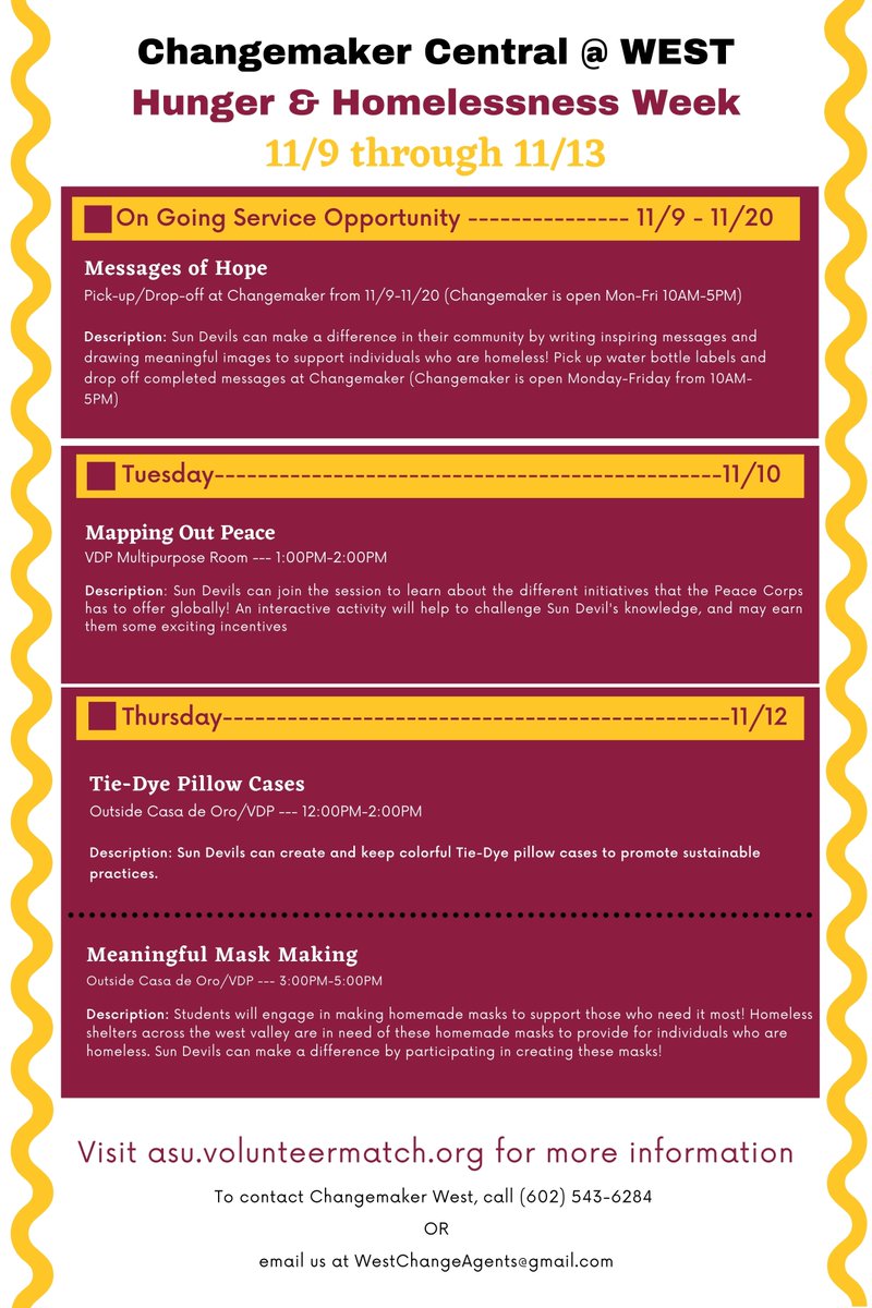 ASUWestEngage's tweet photo. ASU West Sun Devils have the opportunity to participate in opportunities all week long to make a positive difference in the local and global community! In recognition of Hunger &amp; Homelessness week, Changemaker will be supporting Sun Devils as they strive for a better tomorrow! https://t.co/vuZIuzG4pk