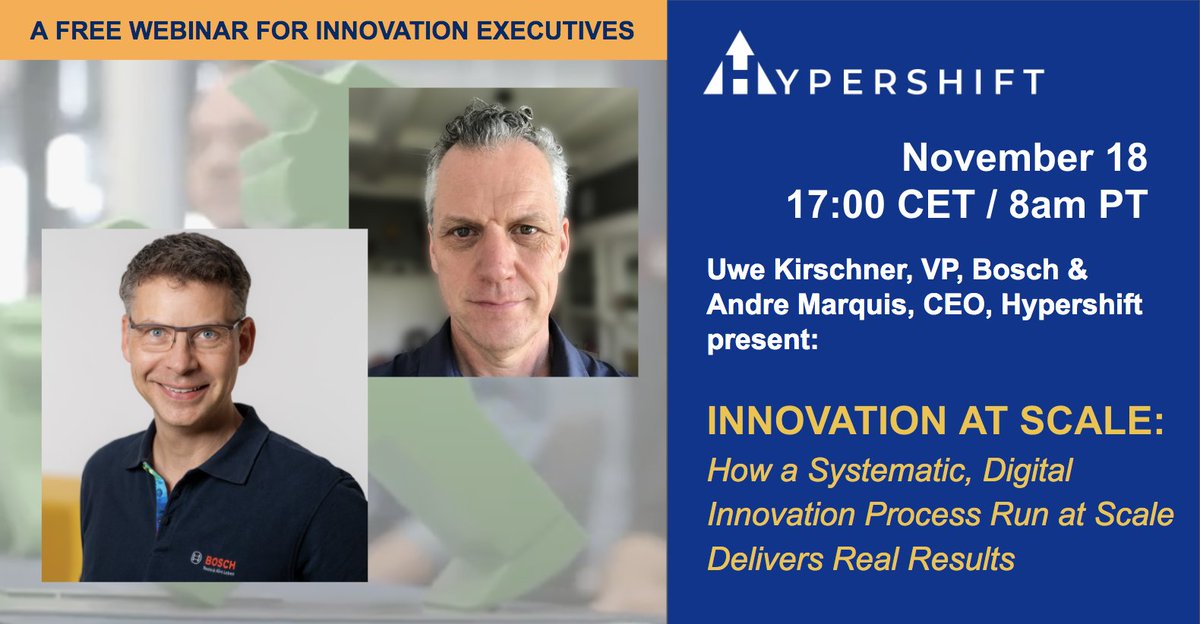 Our Webinar Series on delivering corporate innovation results kicks off with <a href="/BoschGlobal/">BoschGlobal</a> Vice President Uwe Kirschner. The Bosch Accelerator Program scaled its innovation pipeline >10x with a global, digital process spanning ideation to revenue. Sign up: hubs.li/H0zyGFm0