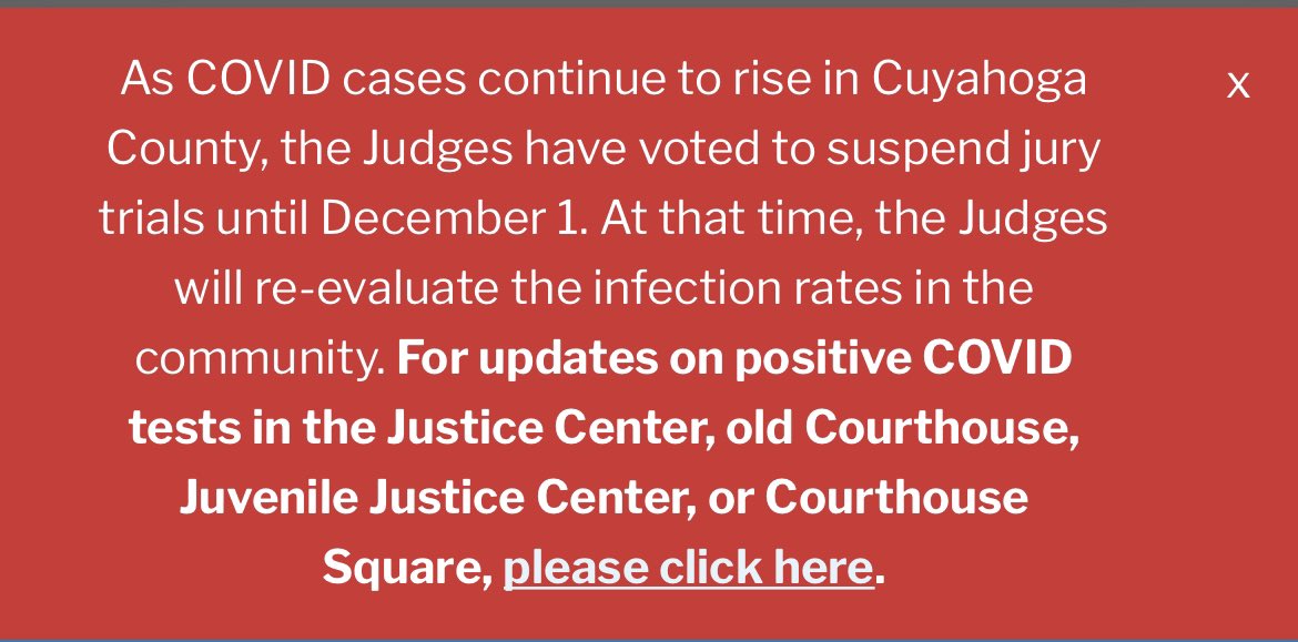 CleMetroBar's tweet photo. Jury trials suspended by the Cuyahoga County Court of Common Pleas until at least Dec. 1st. https://t.co/RNTjzgW864