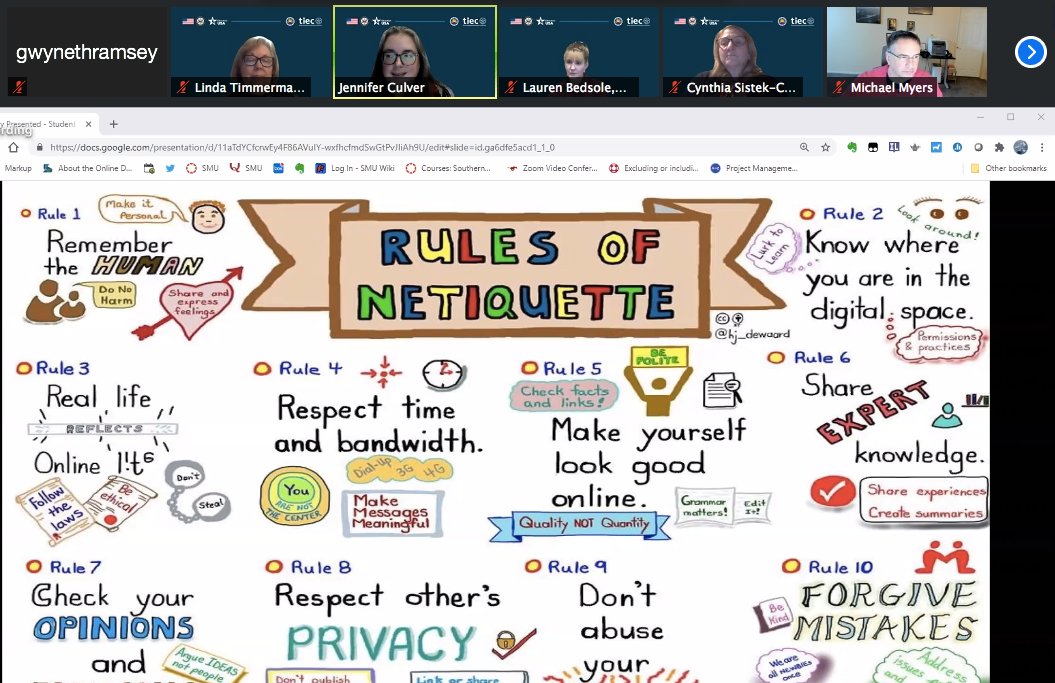 TexasConsortium's tweet photo. During our collaborative guest lecture,  Dr. Jennifer Culver provided insight into defining #virtual classroom expectations to increase #student engagement. She provided examples such as being fully present, forgiving mistakes, and brain breaks. #TIECeLearn https://t.co/hKQElrOOdo