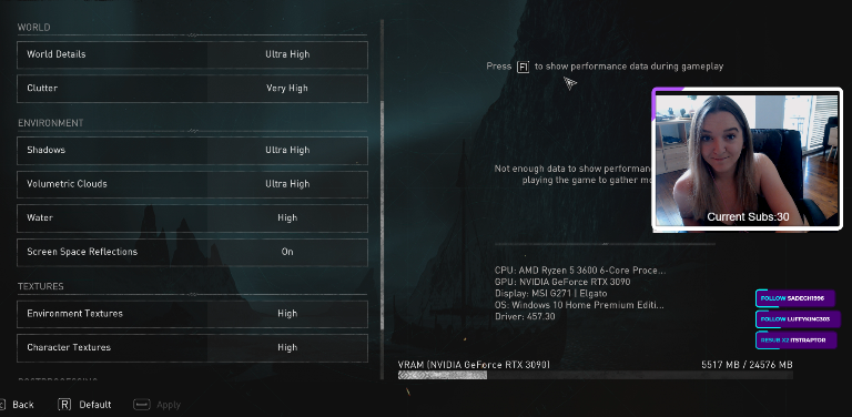 ChantyBooty's tweet photo. Getting #AssassinsCreedValhalla ready to start streaming... Ultra high settings and peep that minimal VRAM usage HNNGGGGGGGGGG https://t.co/5waUK7ECug