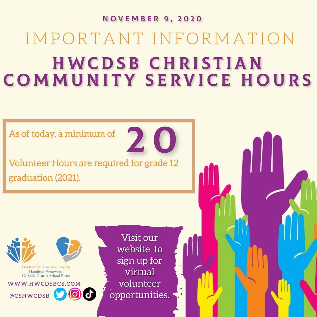 📢‼️ Please read this important notice regarding Christian Service Hours requirement for this years Graduates 🎓 

Please visit our page and website (hwcdsbcs.com) to sign up for virtual volunteer opportunities TODAY! 📋✏️✝️🤍