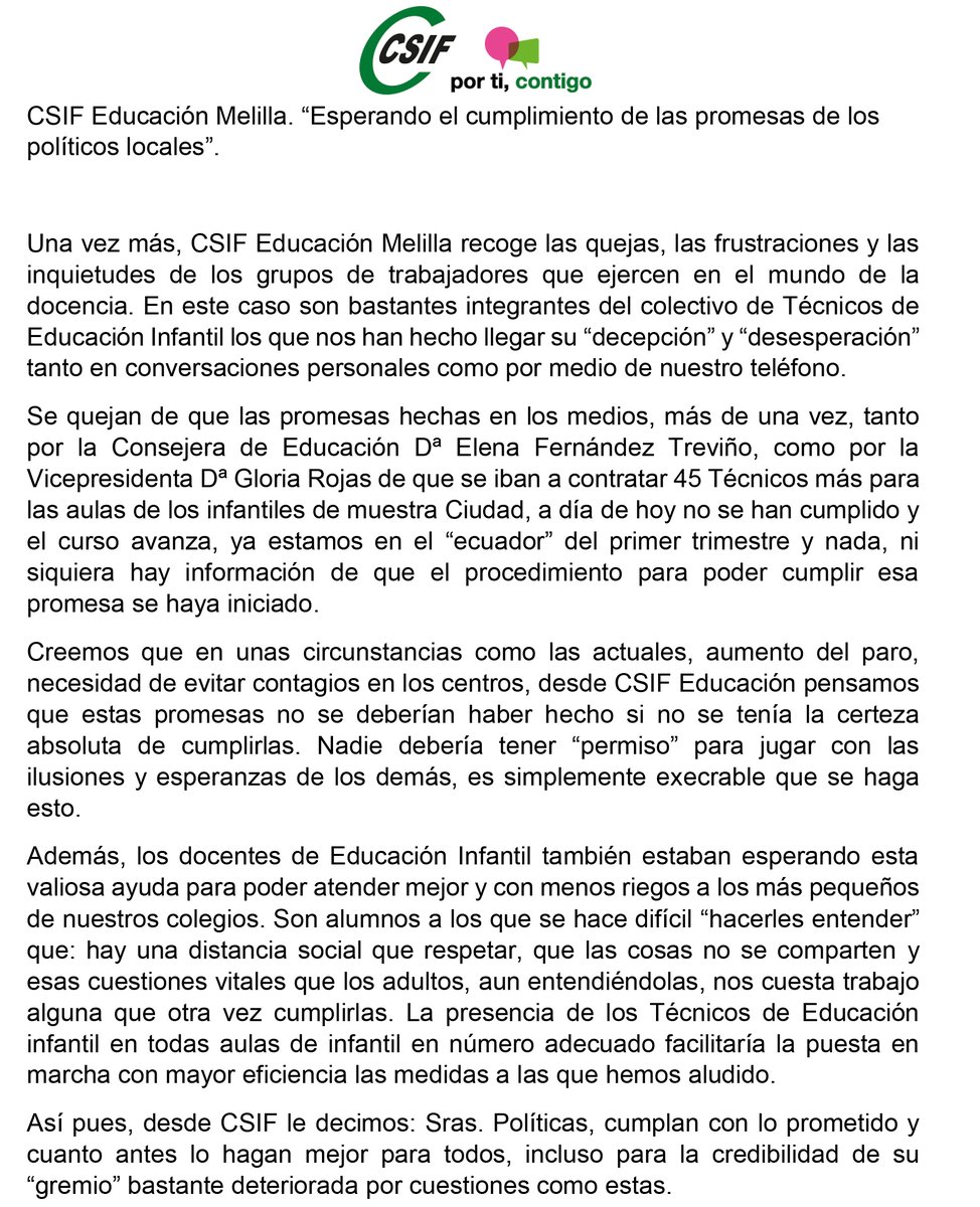 MELILLA_HOY's tweet photo. 📷El sindicato CSIF Educación Melilla ha denunciado los incumplimientos de las promesas de los políticos locales en materia educativa. Este es su escrito, en el que se centran en esta ocasión en Elena Fernández Treviño y Gloria Rojas👇👇👇 https://t.co/AnNq0WXLuL
