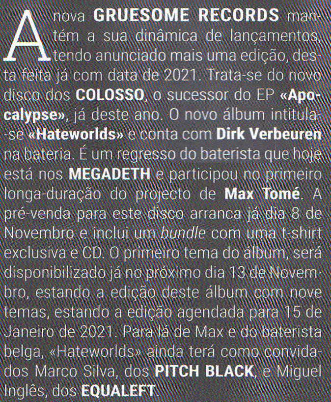 GruesomeRecords's tweet photo. Thanks a lot to Portuguese LOUD! magazine for the promotion on the new COLOSSO album "Hateworlds", scheduled to be released on January 15, 2021 via Gruesome Records.
#GruesomeRecords #Colosso #Loudmagazine #press #DeathMetal #Hateworlds #newrelease #underground #DIY https://t.co/znODhtzMYU