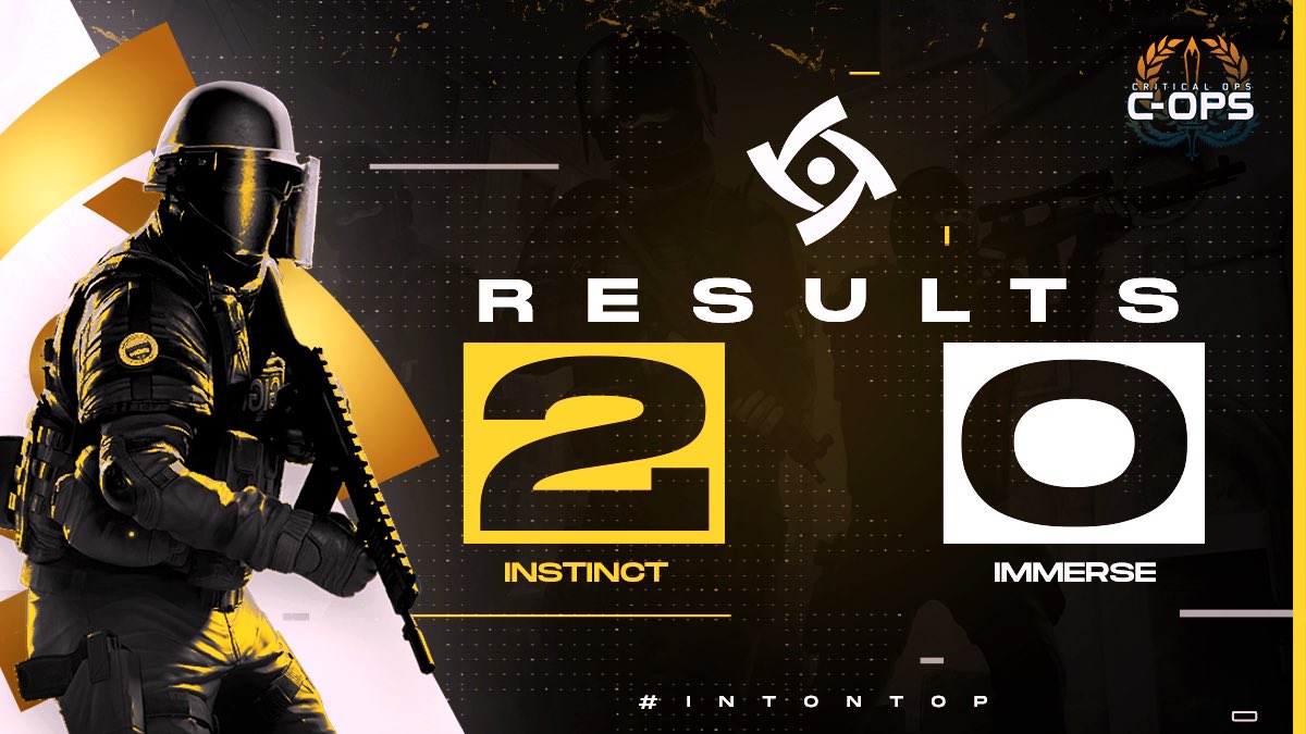 Instinct_COPS's tweet photo. Another fantastic win for our Critical Ops team yesterday as they took down Immerse with the score 2-0; securing our place in Xecution Semi-Finals! ๐ช
Like always, Instinct on top.
#INTonTop https://t.co/BiRvNkVWqT