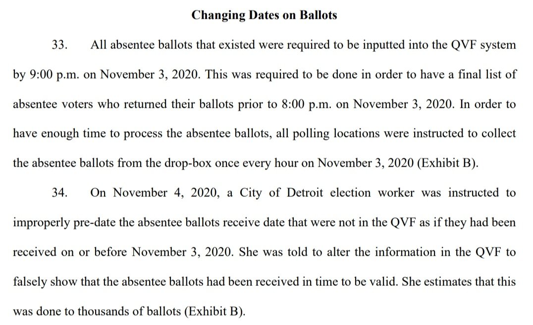 "We have another witness who will testify she was ordered to backdate ballots to make it look like they were received before the deadline"Knowingly changing ballot info is not cool, no matter what you're doing. But it's still just two people making these claims.5/