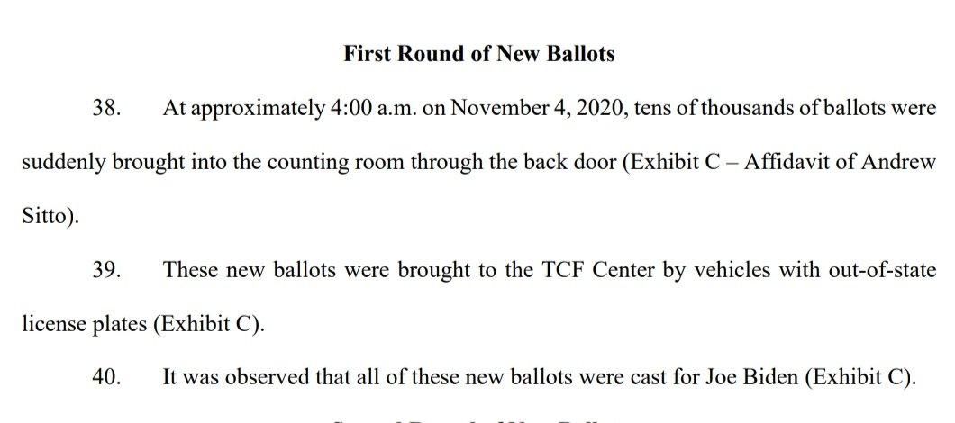 "We have another witness who claims that 4am wagon entering through the back had tens of thousands of ballots, all cast for Biden"That's bad. 4am ballot drops during a pause in counting brought in apparently outside the chain of custody that all go one way is alarming6/