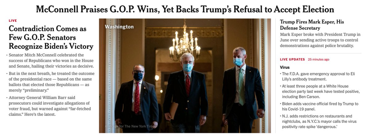 I'd argue the best way to cover Trump's anti-democratic claims is with very specific & consistently added context. The NYT homepage right now does a decent job at pointing out contradictions from McConnell and others, but nowhere does it explicitly say Trump's claims are false.