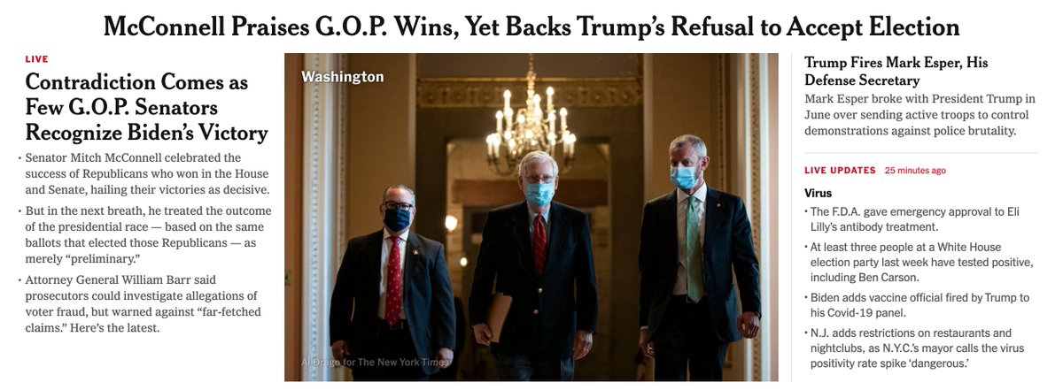 I'd argue the best way to cover Trump's anti-democratic claims is with very specific & consistently added context. The NYT homepage right now does a decent job at pointing out contradictions from McConnell and others, but nowhere does it explicitly say Trump's claims are false.
