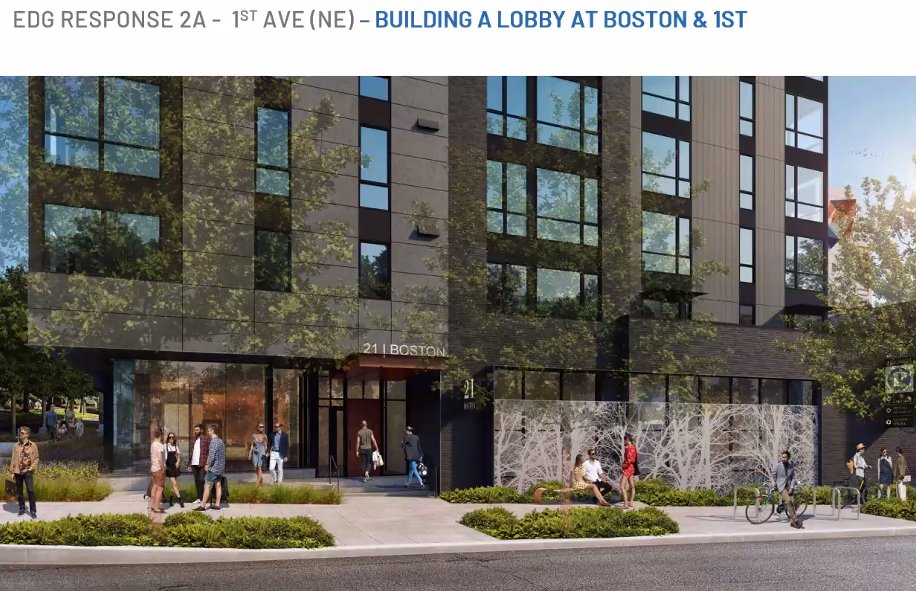 Closer view of the residential lobby entry. They will be commissioning art for that screen in the lower right.