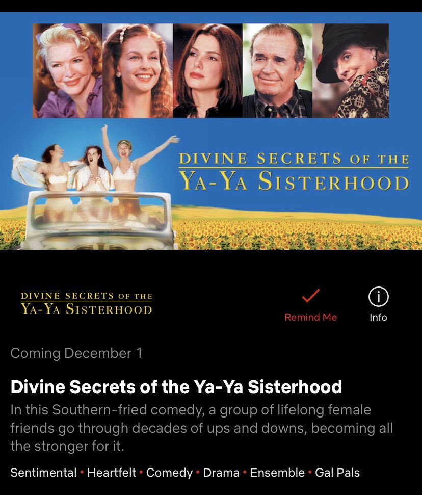 Bullock_TH's tweet photo. 🍿 Divine Secrets of the Ya-Ya Sisterhood มีกำหนดเข้า Netflix วันที่ 1 ธันวาคมค่ะ เข้าไปกด remind me กันไว้ได้เลย😆🔔 #SandraBullock https://t.co/4dZflJIK0B