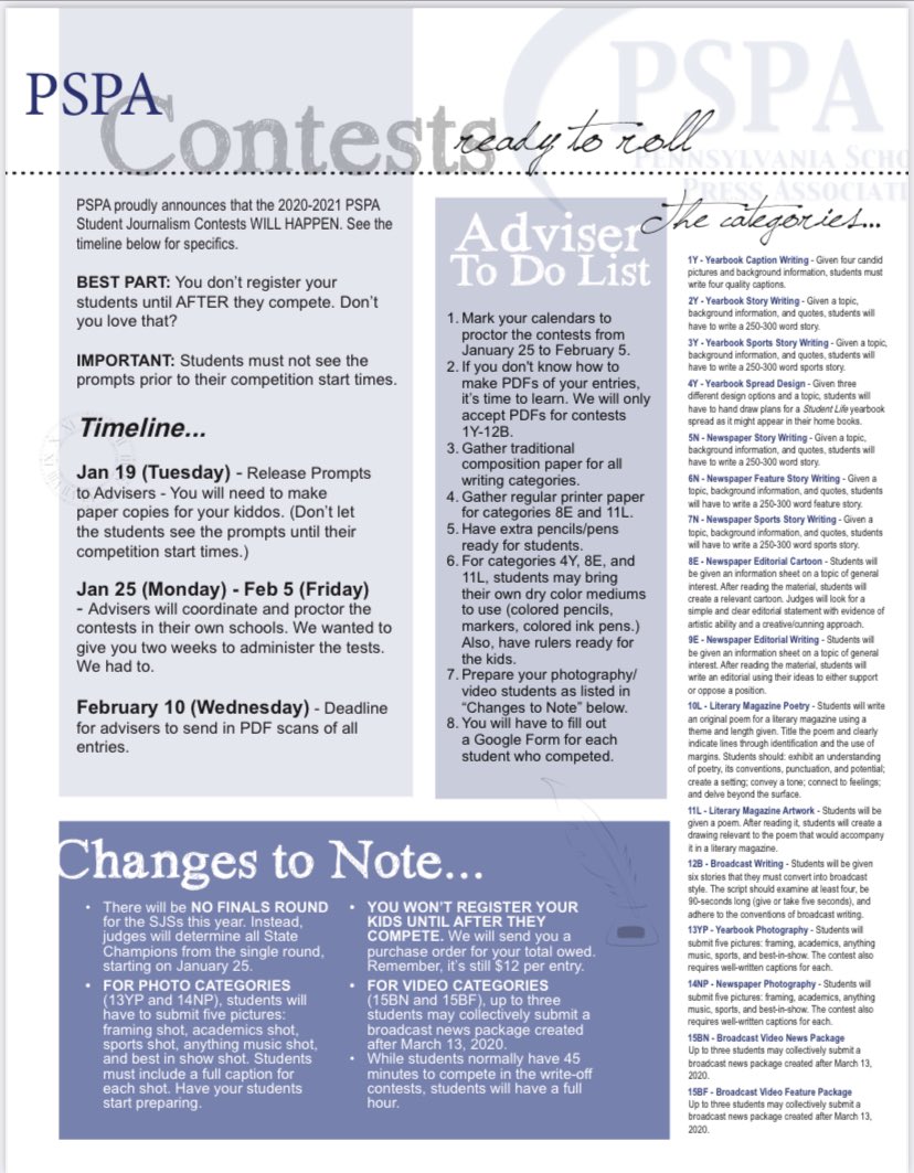 PSPA Student Journalism Contests WILL happen this year. Check out the details here and share with Pennsylvania advisers and journalists. #journalismmatters