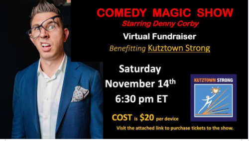 KutztownStrong's tweet photo. Join us for a family fun evening of Live Virtual Comedy and Magic starring Denny Corby, as seen on the season finale of the hit show Penn &amp; Teller Fool Us! 
Tickets cost $20 per device. Click on the link below to purchase your tickets.
https://t.co/6MLlXi2qH3 https://t.co/UPq4g2HCx1