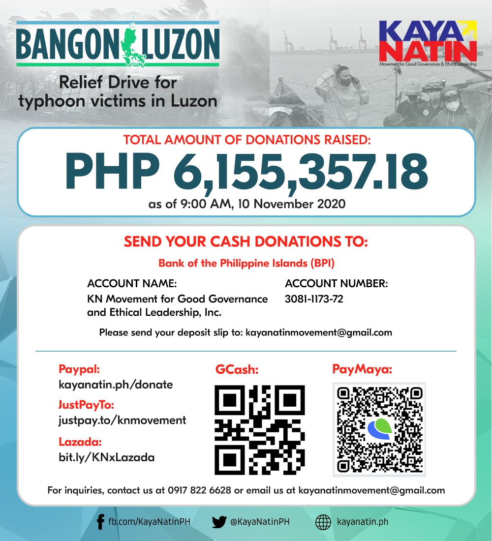KayaNatinPH's tweet photo. As of 9:00 AM, 10 Nov 2020, our Bangon Luzon relief drive for typhoon victims has already raised P6.1-M!

This week, we will distribute relief assistance to several municipalities in Albay. 

You can still donate by visiting: https://t.co/PDriuYxa3c

#ReliefPH https://t.co/oEYBNG9NUH
