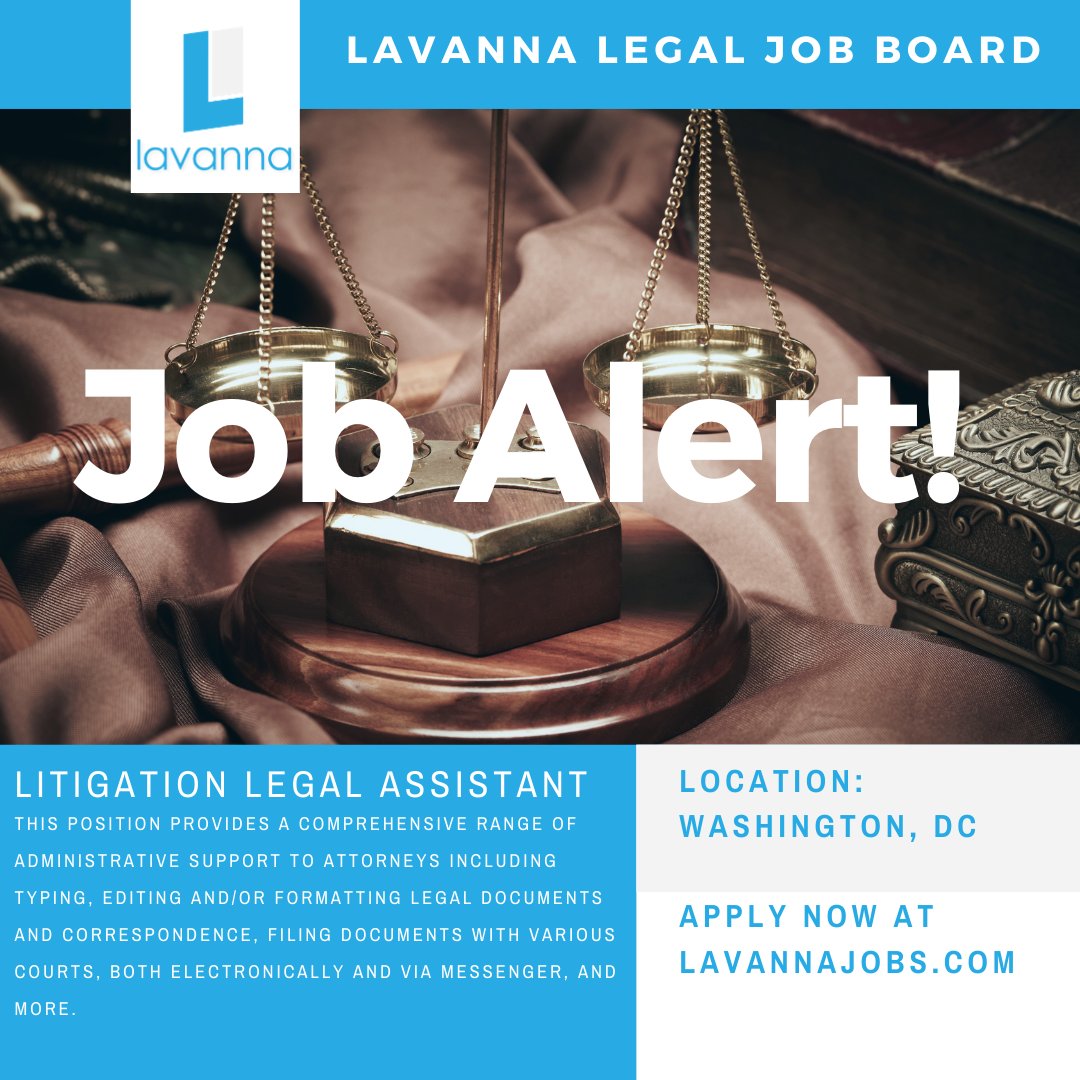 lavannajobs's tweet photo. #Job Alert! There's an opening for a #Litigation #LegalAssistant at a #LawFirm in #Washington, #DC. Check it out and others at the Lavanna jobs website! #applynow #hiringnow

https://t.co/a3S80couNY https://t.co/kwwpaq8q5k