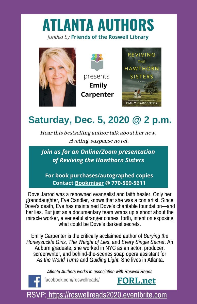roswellreads's tweet photo. #RoswellReads Atlanta Authors presents Emily Carpenter, author of Reviving the Hawthorn Sisters,.  This virtual event will take place on Saturday, Dec. 5, 2020 @2 p.m. https://t.co/CRKWrDT6NN