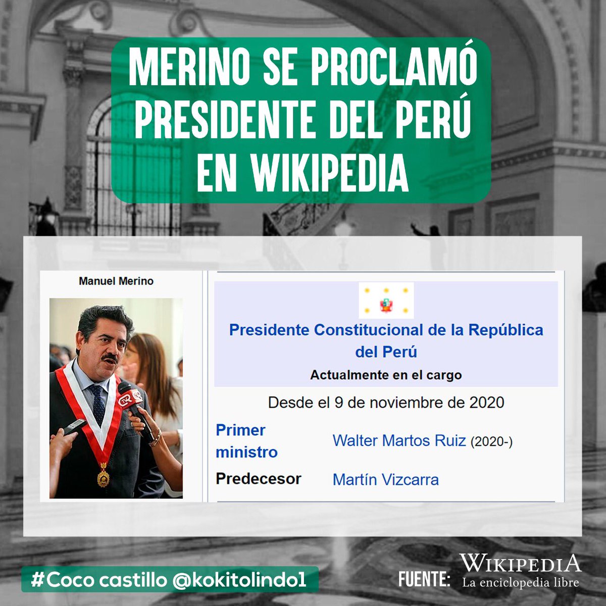 kokitocastillo's tweet photo. Pasaron tres minutos del final de la votación en la vacancia y Merino ya se había puesto de Presidente en Wikipedia..... que apuradito estaba !!! https://t.co/B3HXLaHEK1