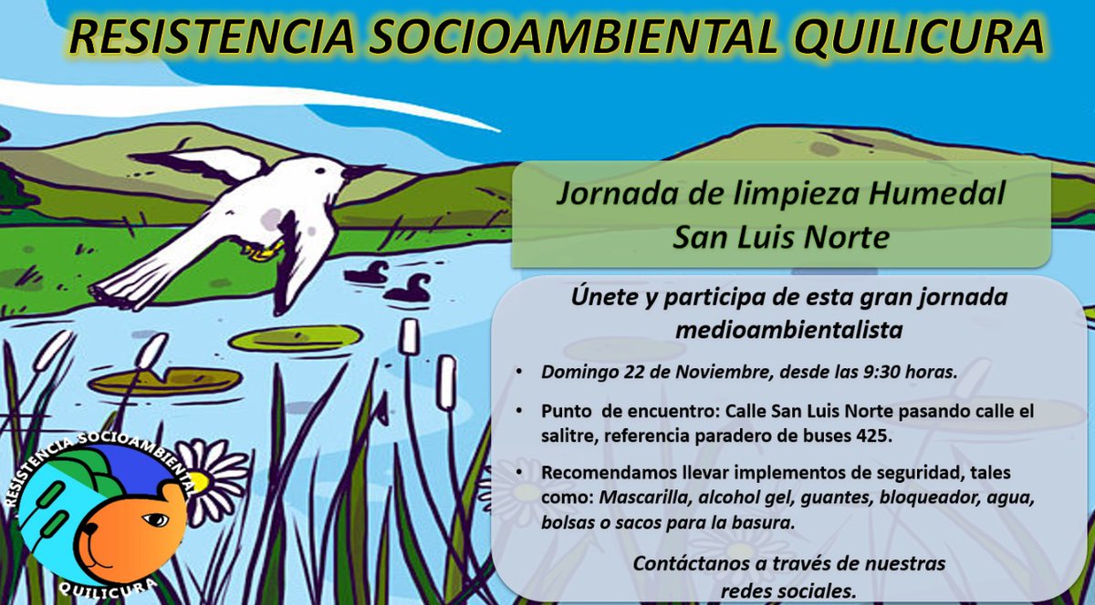 Los invitamos cordialmente a una jornada de limpieza medioambiental en Humedal San Luis Norte, el evento se realizará este domingo 22 desde las 9:30 horas.

Punto de encuentro: Nos encontraremos en San Luis Norte pasando calle el salitre, referencia paradero de buses línea 425.