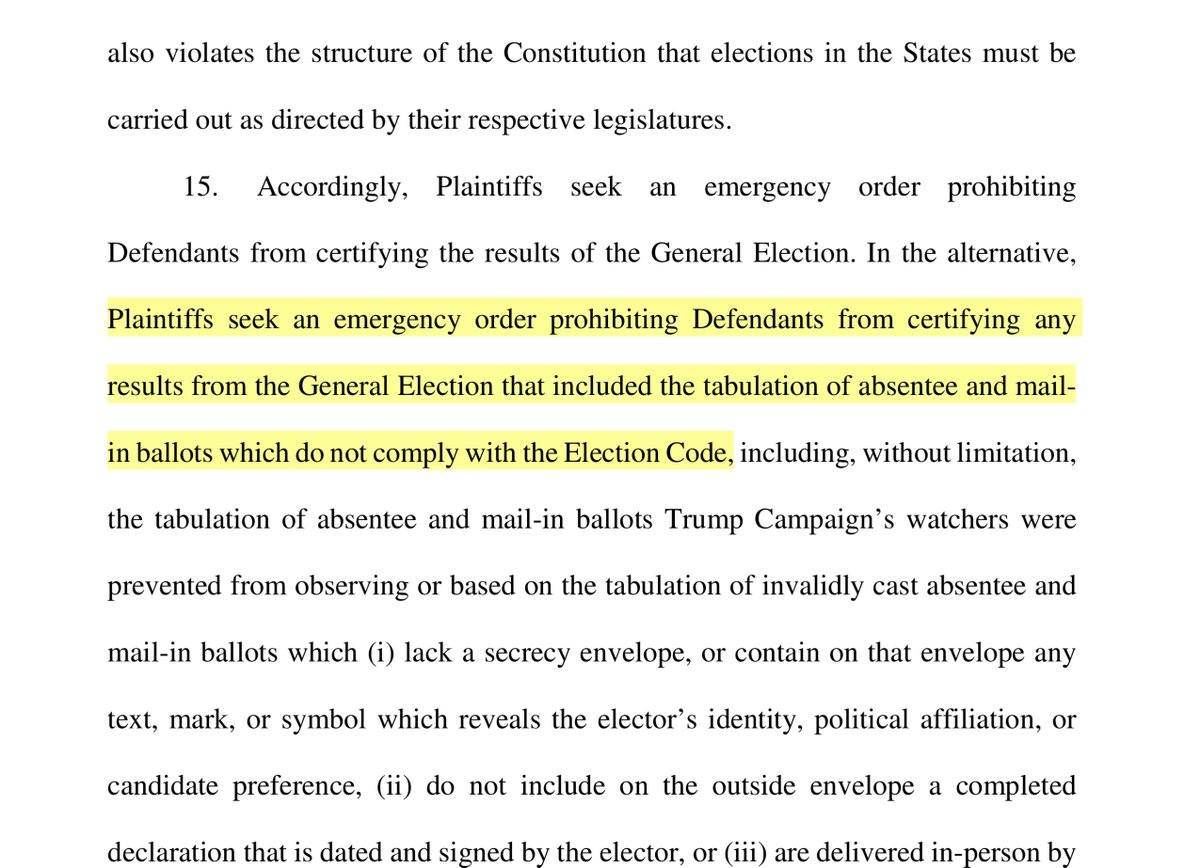Fact 3 - in the PA lawsuit Team Trump focused on one datapoint that was NEW specifically look at paragraph 15 of today’s PA lawsuit - read that paragraph closely & see what I highlighted  https://cdn.donaldjtrump.com/public-files/press_assets/2020-11-09-complaint-as-filed.pdf