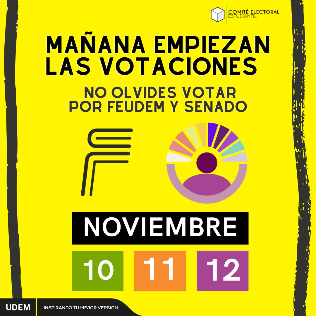 udem's tweet photo. Recuerda que mañana comienzan las votaciones para FEUDEM y Senado. 🤩💪🏼 ¡No olvides votar! @CEE_UDEM

#ElVotoEsTuVoz #EsDeTroyanos https://t.co/q4TliAKkrk